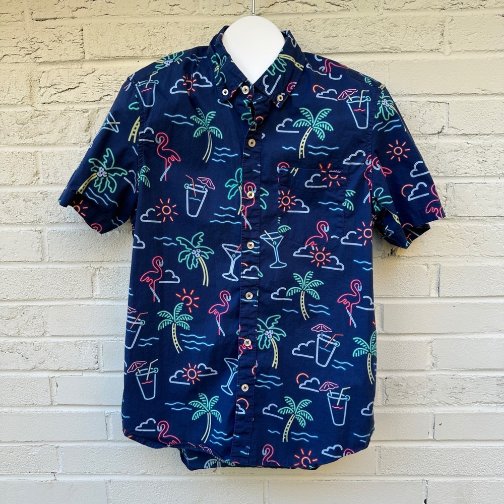 Chubbies S Neon Flamingo Palm Tree Weekend Vibes Button Down Short Sleeve Shirt